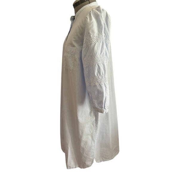 Loft Blue & White Striped Shirt Dress L 3/4 Sleeve Embroidered  Button Front - Picture 3 of 8